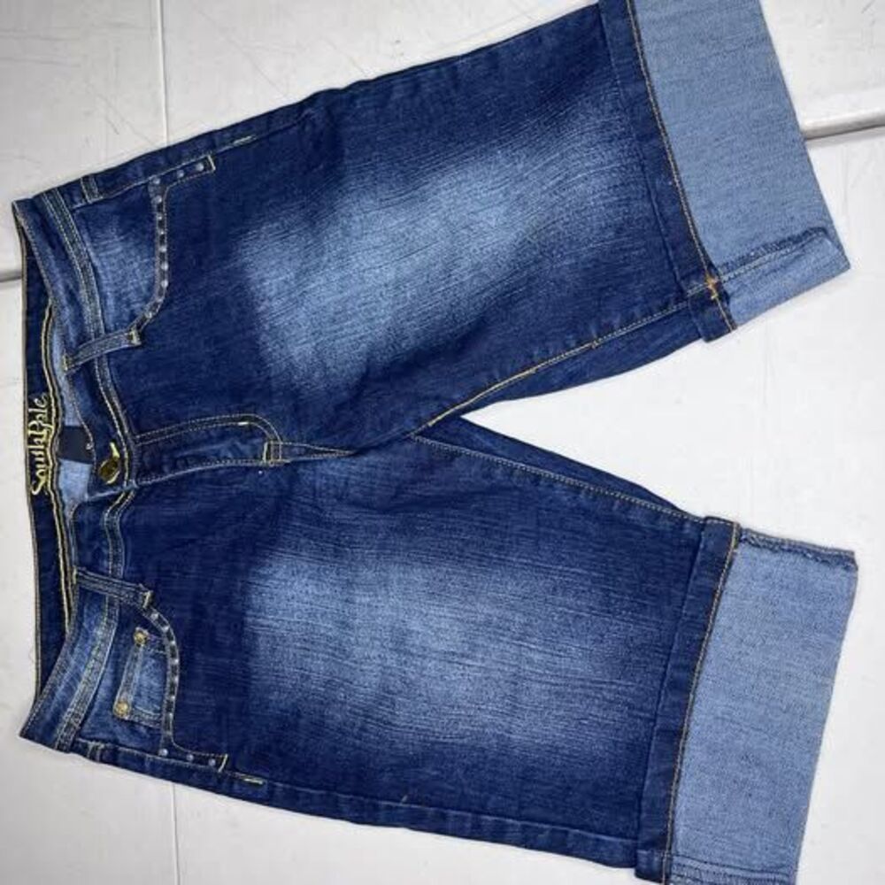 Southpole Blue Jean Shorts Womens 11 Bermuda Cuffed Embellished Pocket